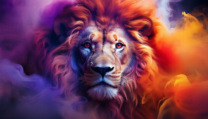 Naklejka premium lion in the night Colorful Smoke