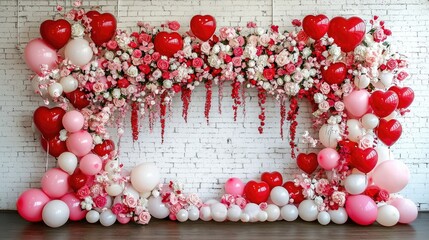 Obraz premium Romantic Festive Background with Heart-Shaped Balloons and Flowers