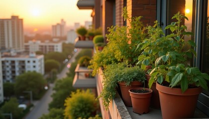 Fototapeta premium Vibrant Green Plants In Terracotta Pots On A Sunlit Balcony Overlooking A Cityscape At Sunset On A Balcony View With Cityscape At Sundown Vertical Garden Display On A Sunny Terrace With Panoramic