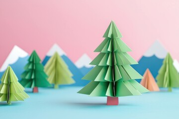 Colorful paper trees in a minimalist landscape with mountains and a soft pink background, capturing the essence of creativity and imagination