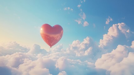 Obraz premium Pink Heart Shaped Balloon Floating Above Clouds At Sunset