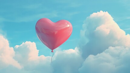 Fototapeta premium Pink Heart Shaped Balloon Floating Among Fluffy White Clouds in a Bright Blue Sky