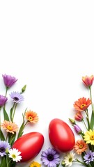Obraz premium Brightly colored Easter eggs surrounded by fresh spring flowers on a light background