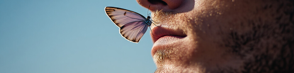 Close-up Photograph of a Butterfly on a Man's Lip