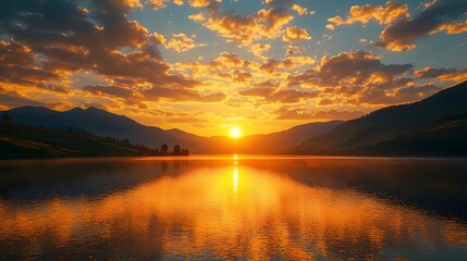 Obraz premium Breathtaking Sunset Over Calm Lake Surrounded by Towering Mountains Serene Nature Scenery