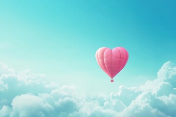 Obraz premium Pink Heart Shaped Hot Air Balloon Floating Above Fluffy White Clouds in a Light Blue Sky