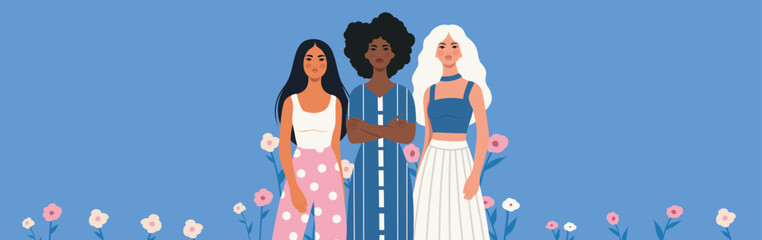 Obraz premium Women of different skin colors and hairstyles with text and colored background. Spring banner for Women's Day, Feminism Day. Gender equality and women's empowerment. For women's holidays or any women'