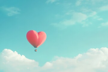 Fototapeta premium Pink Heart Shaped Hot Air Balloon Soaring Through Pastel Sky