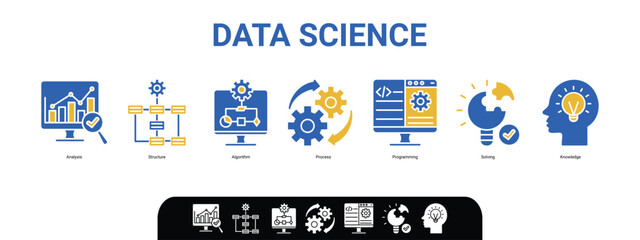Banner Data science concept with English keywords and icon of analysis, structure, algorithm, process, programming, solving and knowledge