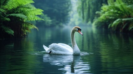 Fototapeta premium Elegant swan gliding through serene, lush green waters in tranquil nature setting