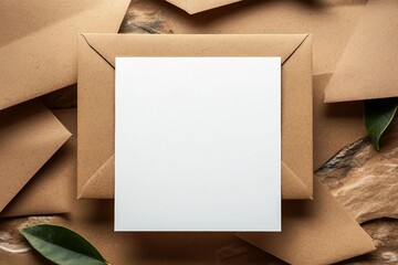 Blank white card with kraft brown paper envelope template mock up