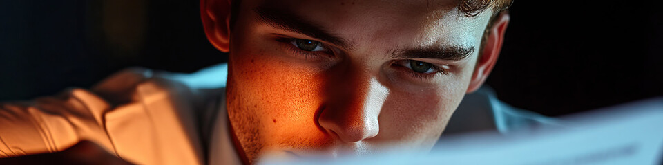 Naklejka premium Close-up Portrait: Young Man Examining Document