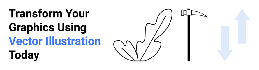 Leaf outline, diagonal pickaxe, and upward-downward arrows in minimal style. Ideal for creativity, sustainability, growth, innovation, tools, motion flat landing page banner