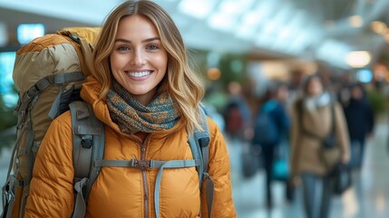 Fototapeta premium Woman traveler smiling in airport terminal