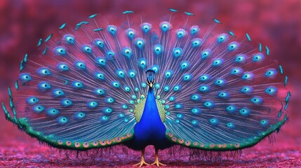 A peacock with a blue head and green feathers on its head
