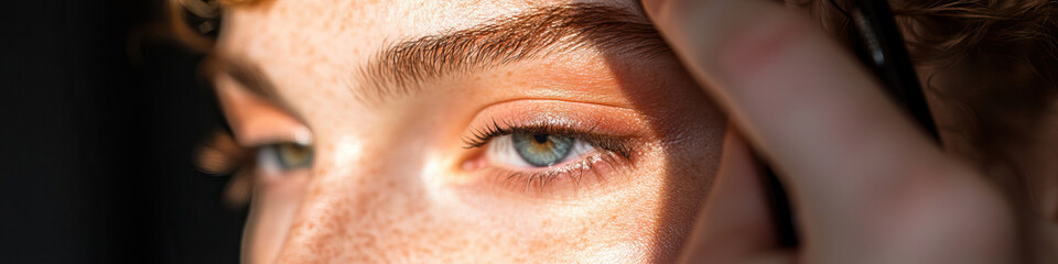 Obraz premium Close-up of Freckled Face with Blue Eyes and Hand