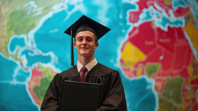 Graduate in cap and gown holding diploma in front of world map, symbolizing global success