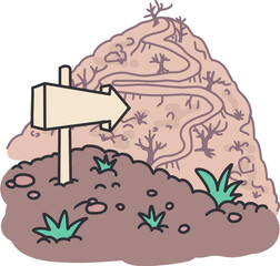 Arrow Sign Guiding the Way to a Dry Hill Cartoon. Perfect for themes of direction, exploration, and challenges. Featuring an arrow sign on rocky soil pointing toward a barren hill
