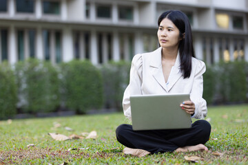 Future remote work combines technology smart phone connection online white digital business woman...