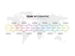 Infographic template for business. Concept with 12 pieces of a puzzle or 12 months, 4 quarter steps vector infographic.