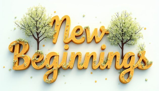 Floral typography celebrating new beginnings with blossoming trees