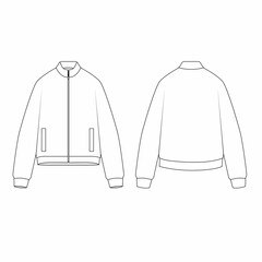 Illustration of zipper jacket, front and back view. Sketch of fashionable oversize bomber jacket with pockets. Outline drawing of outerwear for sports and casual wear, unisex.