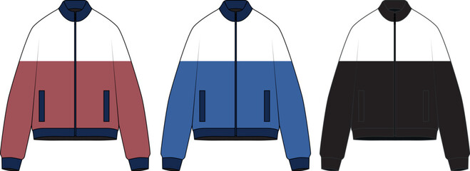 Set of vector illustrations of a fashionable windbreaker jacket in 90s style, with zipper, white, blue, red colors. Sketch of colorful bomber oversize jacket. Drawing of outerwear for sports, casual © Iryna