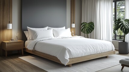 Modern minimalist bedroom with wooden bed and white linens