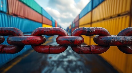 Supply chain disruption represented by locked barrier chain across freight storage area