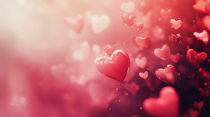 Red and Pink Pixel Hearts Floating on a Soft Blurred Background