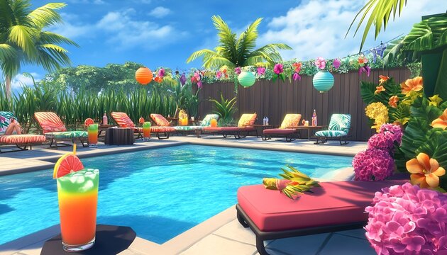 Summer Solstice Party poolside party with sun loungers, tropical drinks, and colorful decorations - Powered by Adobe