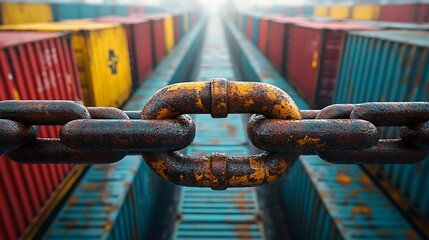 Economic crisis metaphor with thick chain preventing access to industrial cargo containers