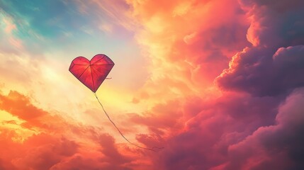 Fototapeta premium Red Heart Shaped Kite Soaring in a Vibrant Sunset Sky