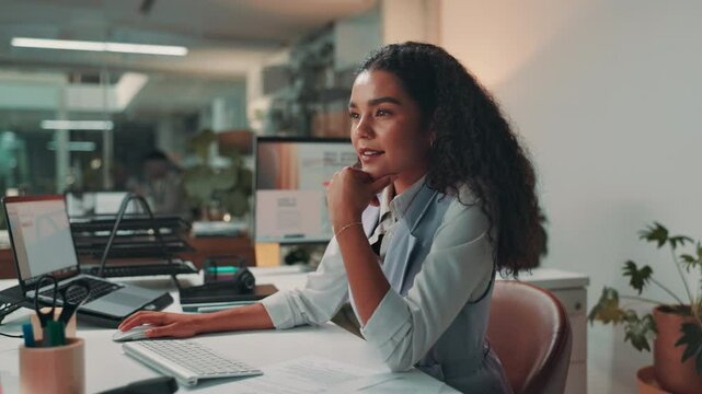 Thinking, typing and business woman on computer in office for planning, insight or problem solving. Technology, research and happy worker reading online review, idea or sales agent with inspiration