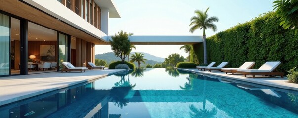 Fototapeta premium Geometric lines, glass facade, pristine pool area, concrete, metal, outdoor living