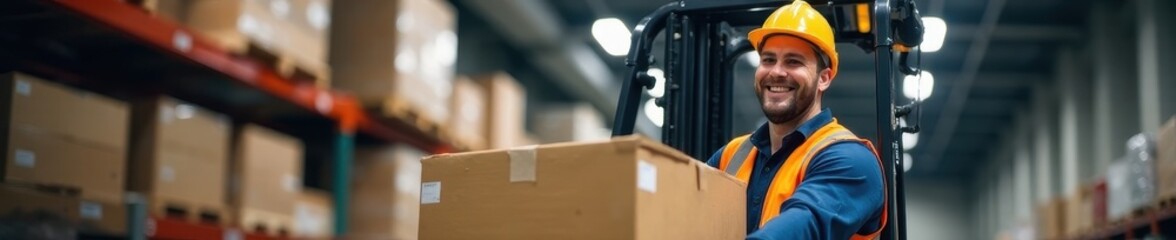 Smiling forklift operator efficiently moves pallet , supply chain, friendly