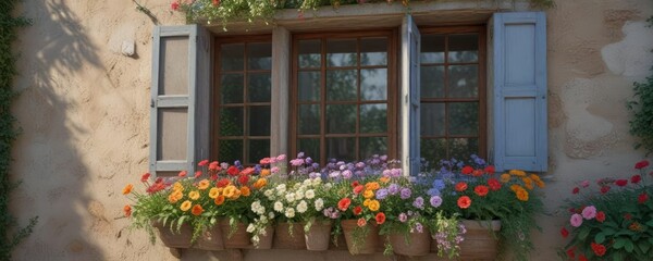 A variety of colorful flowers surround a small window with a soft focus effect, focus, soft, window