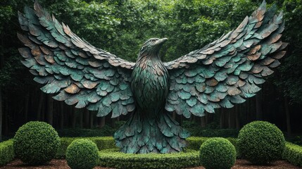 Fototapeta premium Topiary bird in flight with legs extended and wings spread created with generative ai