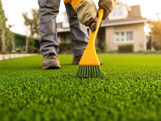 maintenance worker brushes artificial turf in residential yard