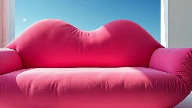 A vibrant pink sofa with a unique lip shape against a blue sky
