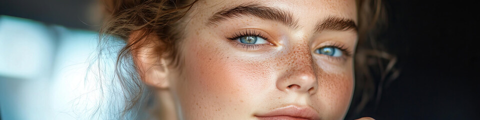 Obraz premium Close-up Portrait: Freckled Woman with Blue Eyes