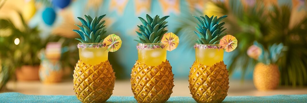 Summer Solstice Party tropical cocktails served in pineapple-shaped glasses with festive decorations