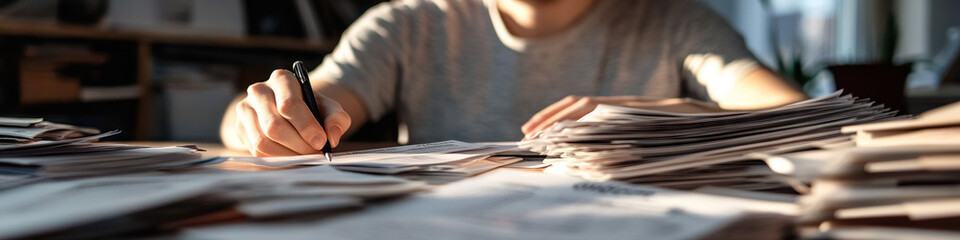 Person Writing on Document Amidst Stacks of Paper