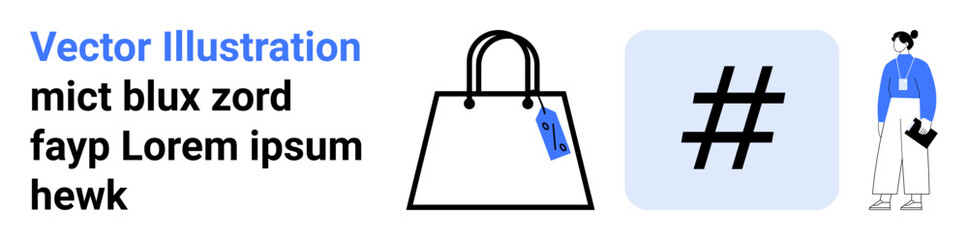 Minimalistic shopping bag with tag, metadata tag for social media trends, person holding notebook. Ideal for e-commerce, branding, marketing, customer engagement, digital marketing, shopping culture