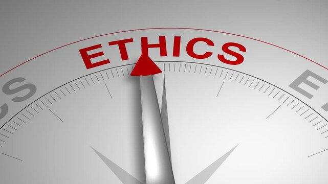 Ethics text or word with a gauge arrow on a compass, representing guidance and direction on a clean white background. Ideal for business, coaching, consulting, and concept