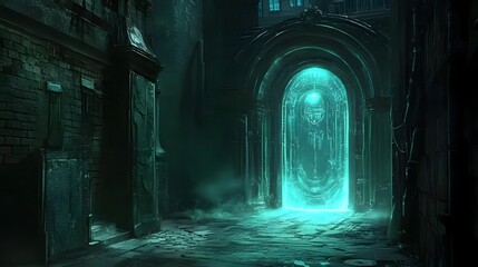 Fototapeta premium Mysterious Glowing Doorway Revealing Metropolis in Dark Alley