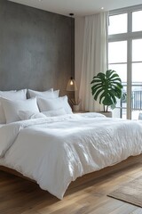 Modern Bedroom Featuring White Bedding and Concrete Wall