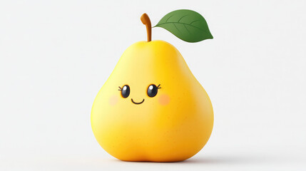 Cute cartoon pear, kawaii fruit character, big smile, yellow skin, green leaf, simple background, digital art, 3D rendering, playful design, child-friendly illustration, rounded shape, vibrant colors