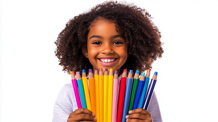 Happy girl holding colorful pencils and smiling
