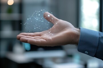 Businessman holding futuristic glowing sphere of data connections in office setting
